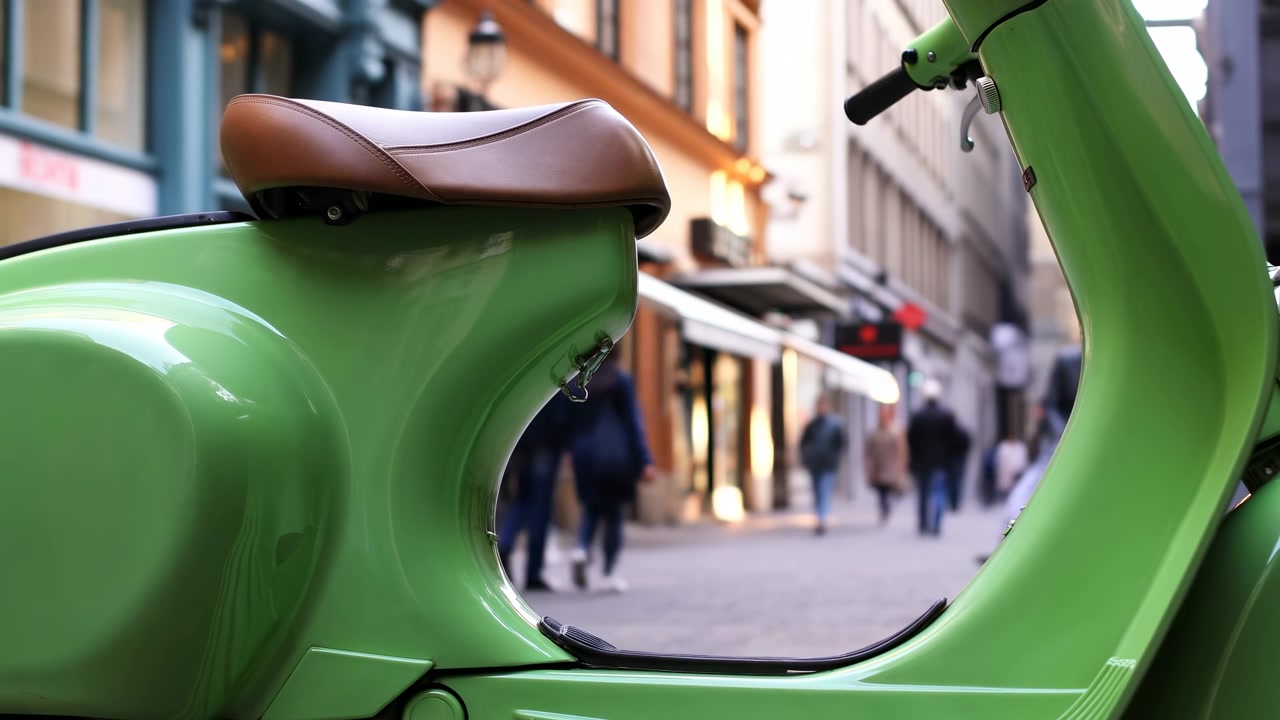 Urbane Nahaufnahme in mittlerer Einstellung eines grünen Retro-Rollers, der in einer engen Fußgängerzone mit vorbeigehenden Passanten geparkt ist.