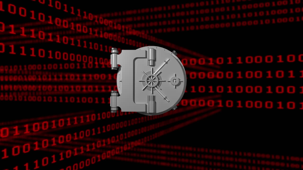 어두운 배경 위에 바이너리 코드와 안전 상자의 애니메이션