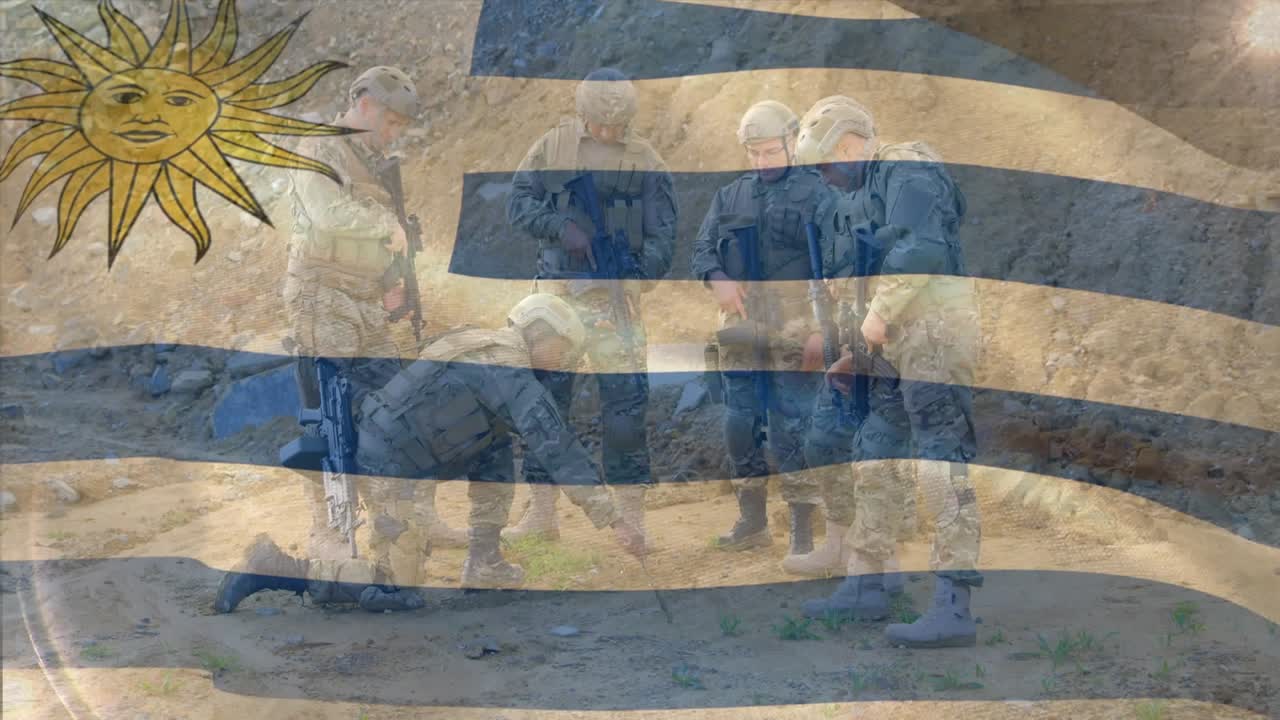 Animation du drapeau de l'Uruguay survolant un cercle de soldats masculins diversifiés.
