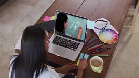 caucasian female student using laptop on video call with female teacher, making notes