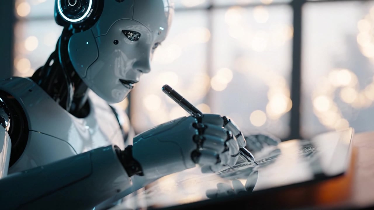 A robotic figure engaged in creative writing with a pen, showcasing advanced technology and artistic expression in a beautifully lit environment.
