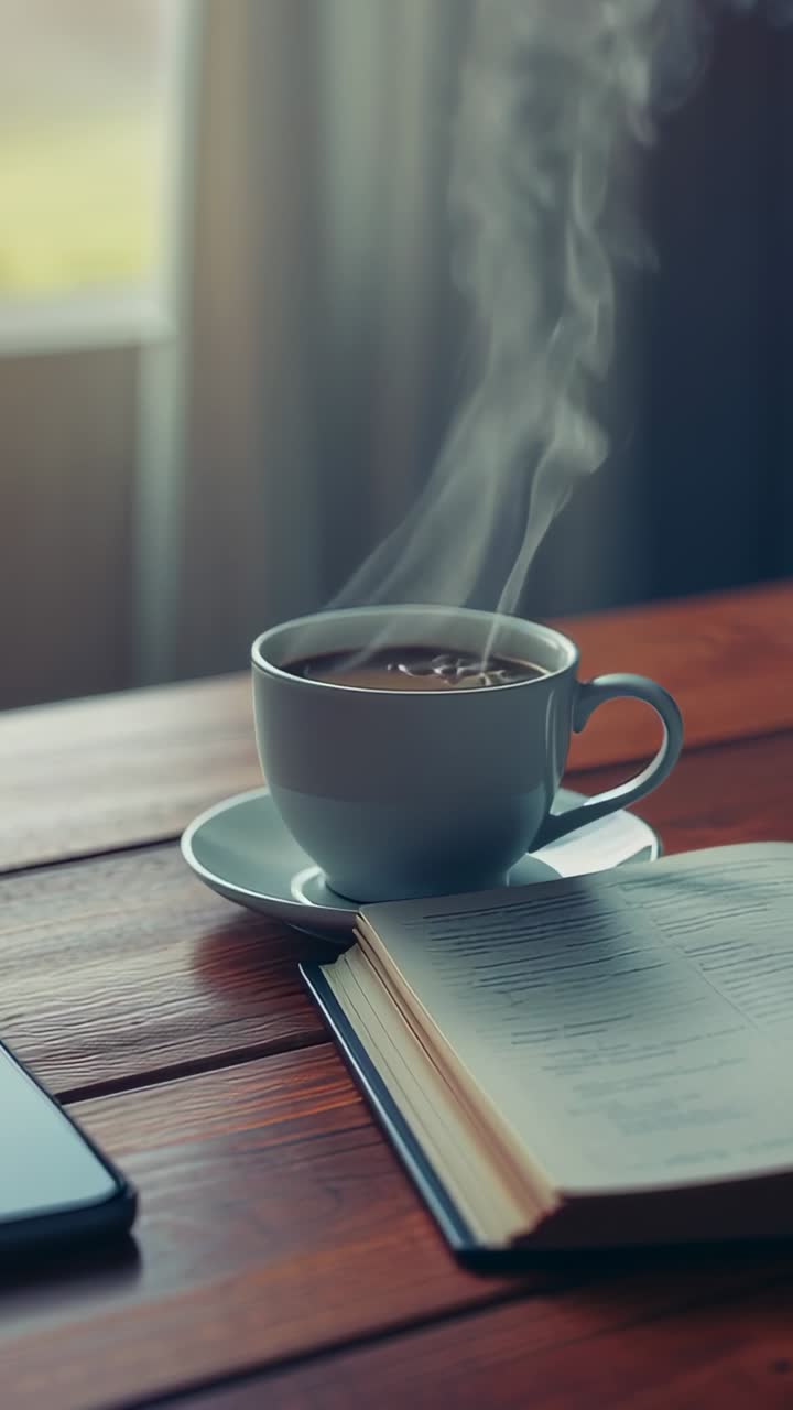 Video verticale: caffè fumante versato in una tazza bianca in un angolo lettura, con libro e telefono