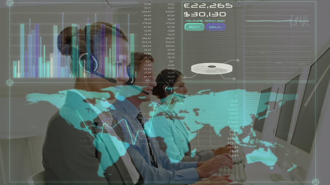 animación del procesamiento de datos financieros sobre personas de negocios que trabajan en la oficina