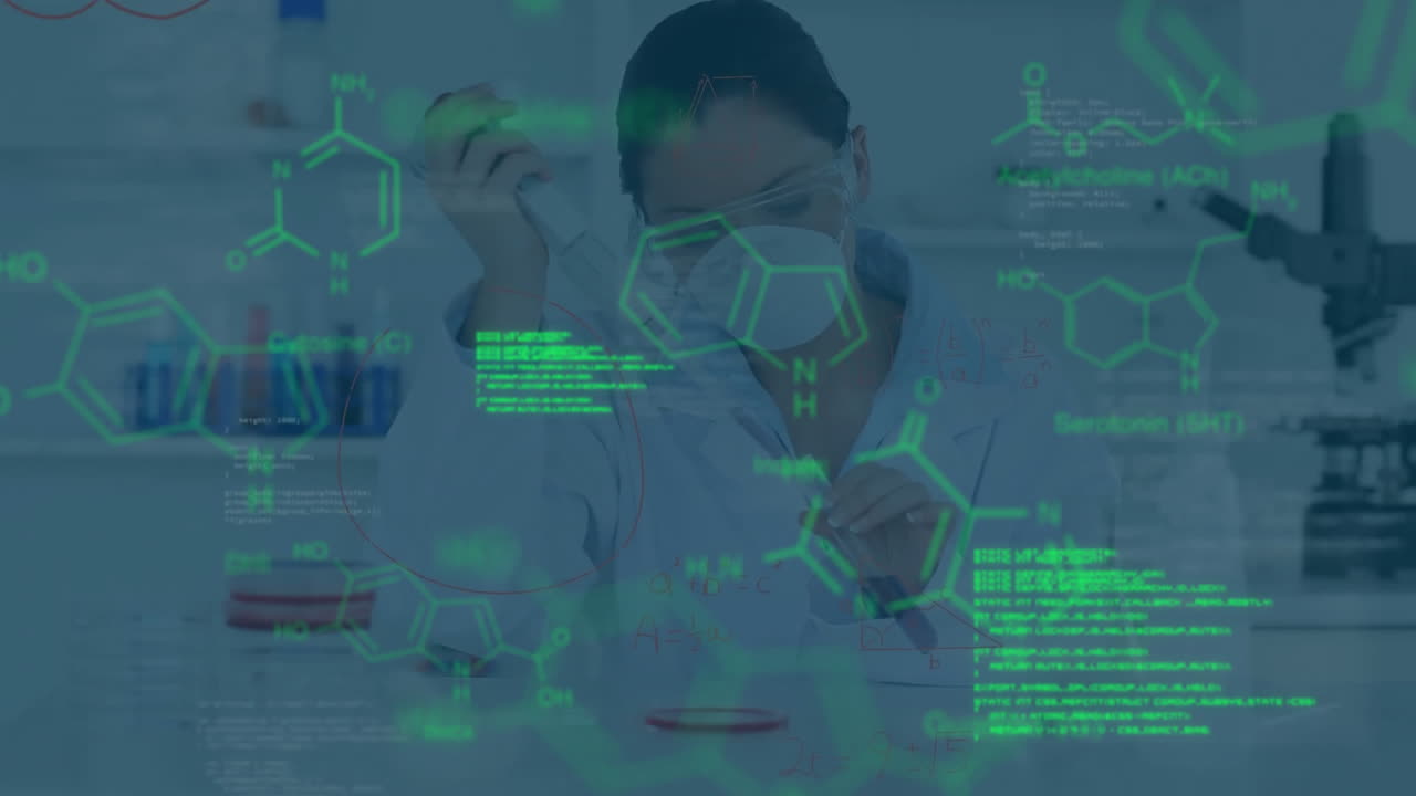 animación de procesamiento de datos científicos sobre una científica asiática en el laboratorio.