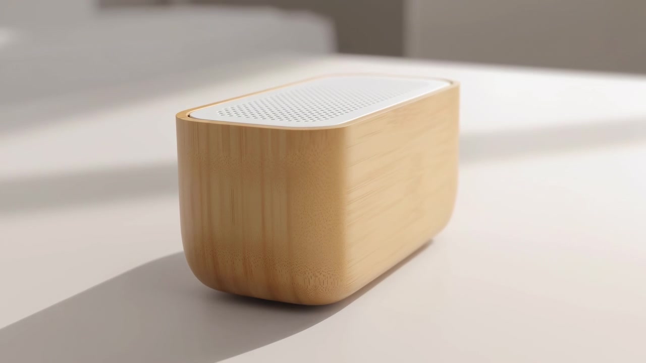 Close-up view of compact rectangular portable speaker with rounded corners, light wood finish, pale grille detail, and changing daylight creating moving shadow across matte tabletop in calm minimal