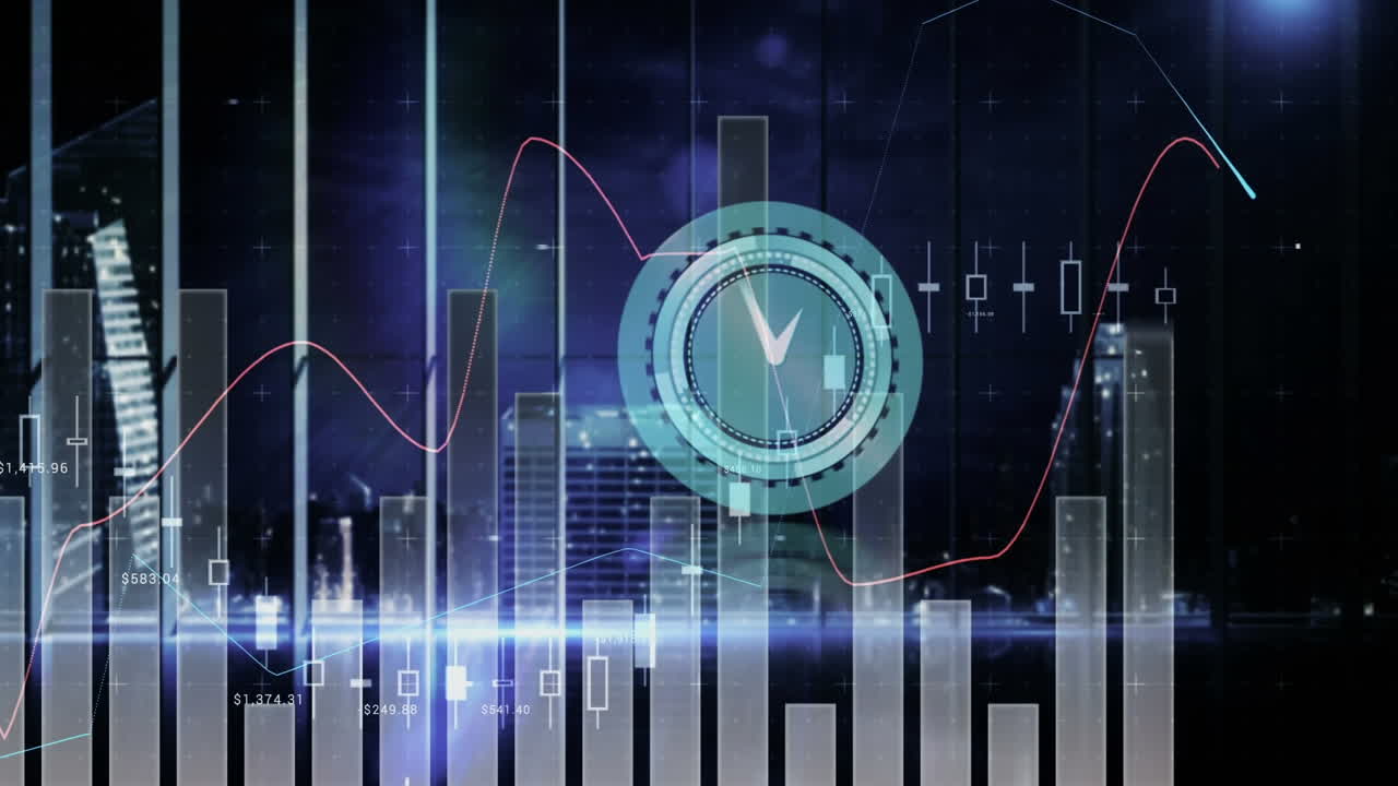 Animation of clock moving fast over statistics and financial data processing