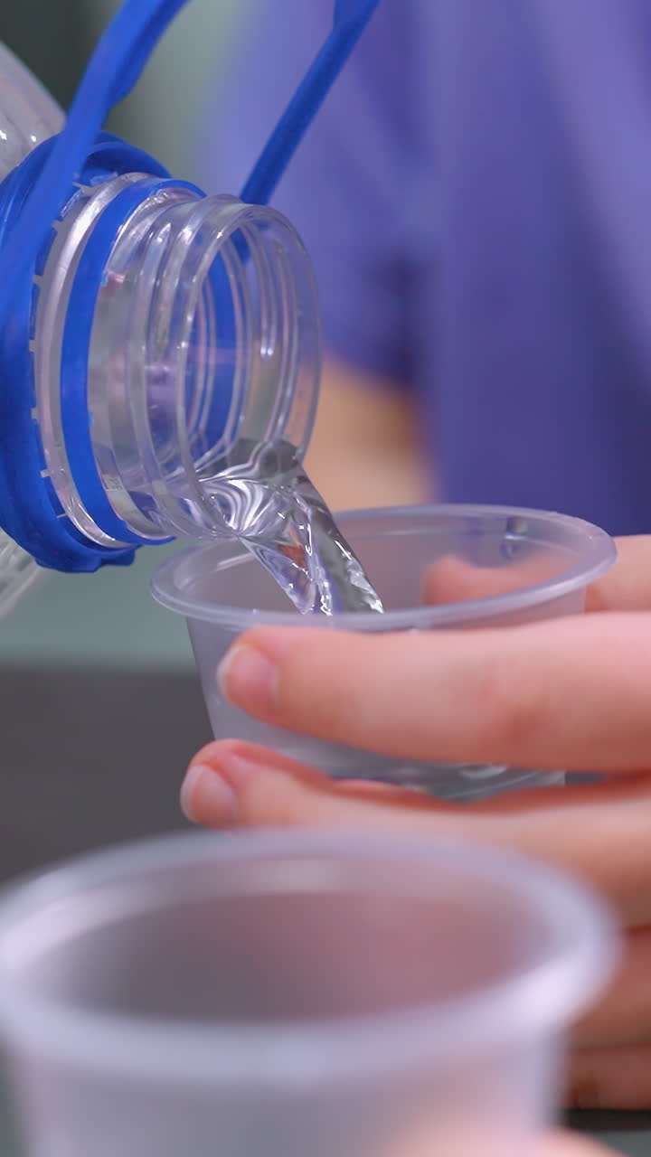 primer plano de agua que se vierte de una gran botella de plástico en pequeños vasos transparentes, con las manos sosteniendo los vasos y las gotas de agua visibles en la piel