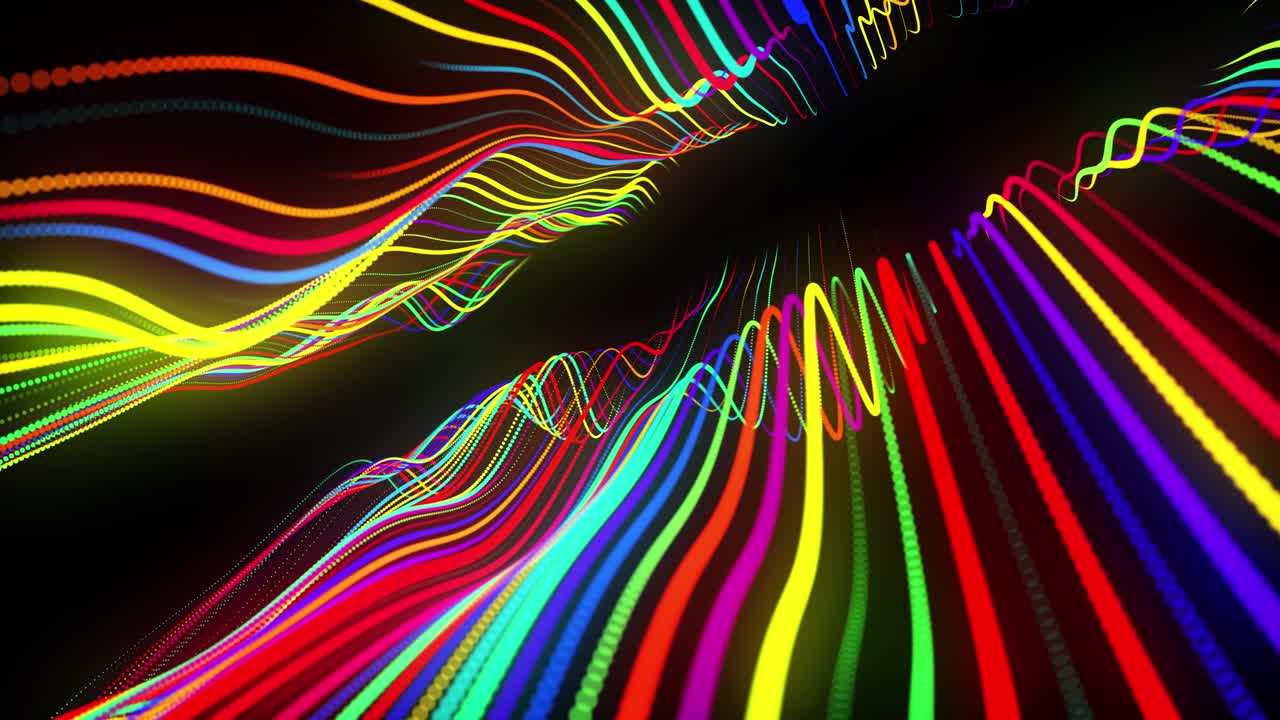 vj bucle festivo con partículas multicolores y cámara animada suave. bg 3d abstracto con partículas de brillo alineadas en fila a lo largo de líneas onduladas curvas en el espacio 3d. fondo de diseño de movimiento.