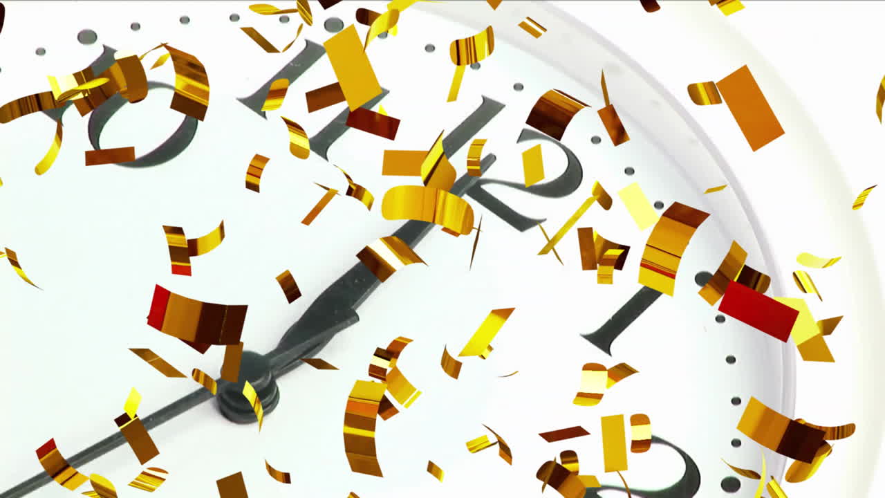 Animation of clock showing midnight and confetti falling on white background