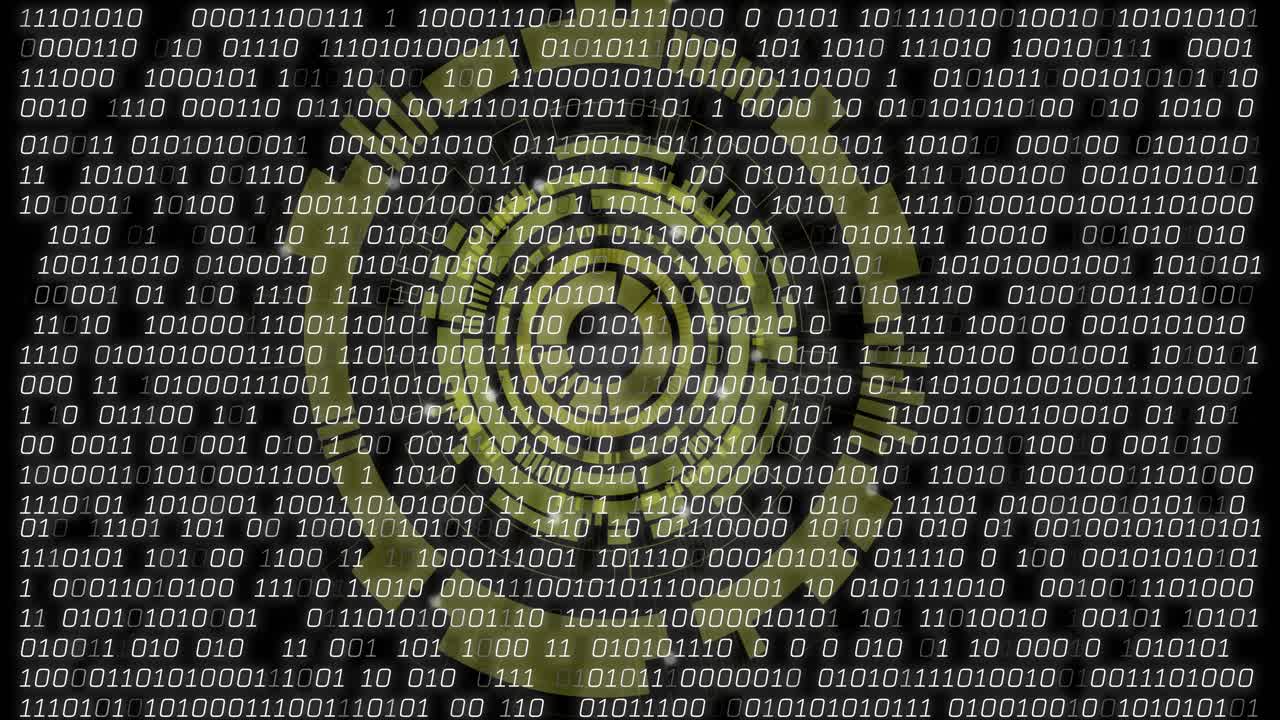 Falling binary bits pulsing through yellow-green ring rotating as rings expanding into data tunnel