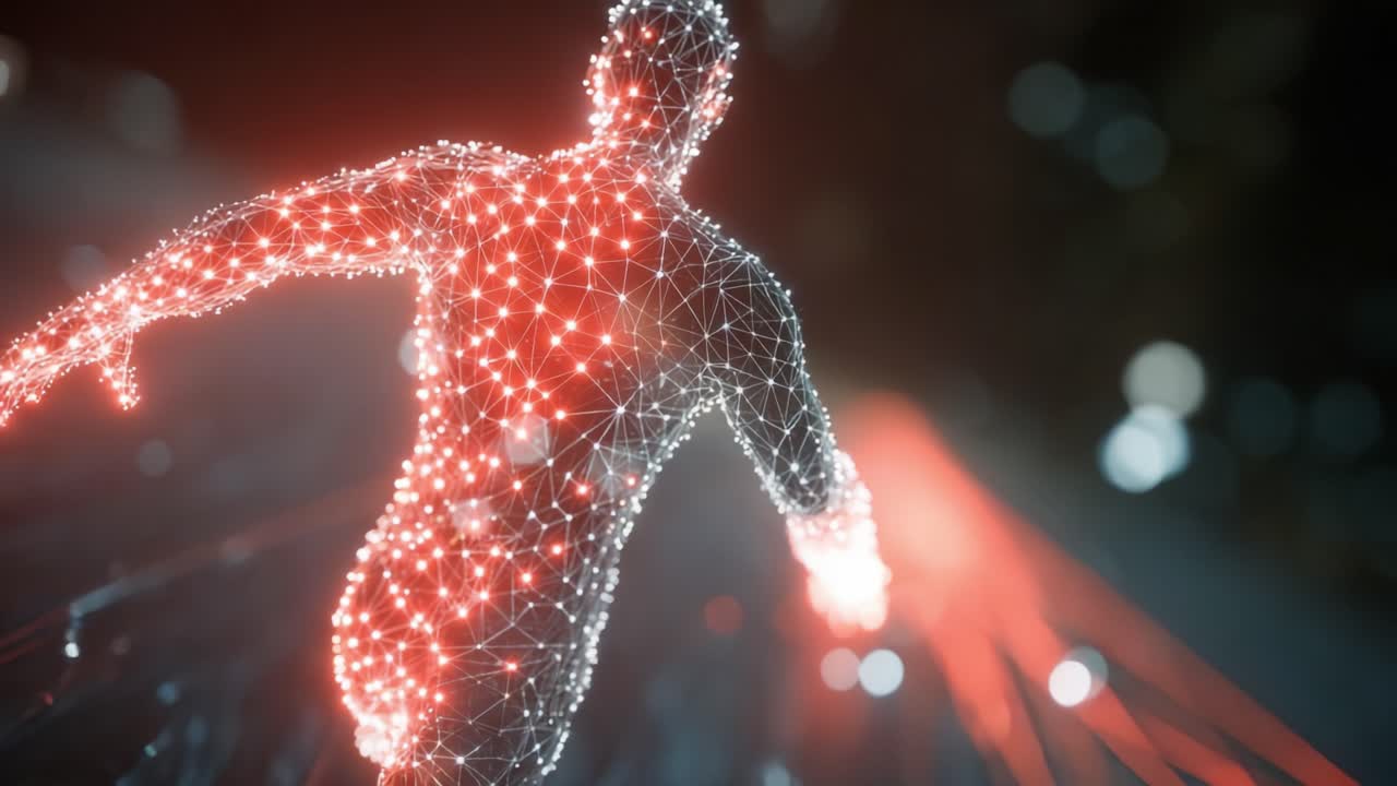 A Dynamic Representation of a Human Figure in Motion, Showcasing a Digital Wireframe Aesthetic with Illuminated Nodes and Energy Trails for a Futuristic Appeal