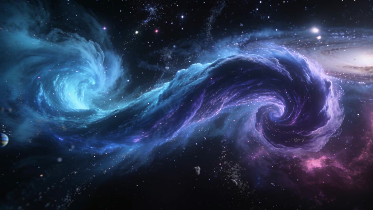 Showing twin cyan-purple nebulae swirling in space, frames advancing, S-bridge defining
