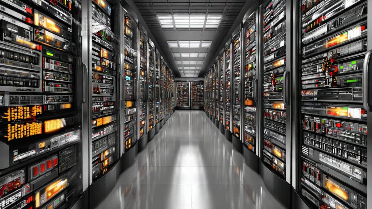 A Glimpse Inside a Modern Data Center: Rows of Servers with Flickering Lights and High-Tech Equipment in a Sleek, Streamlined Environment