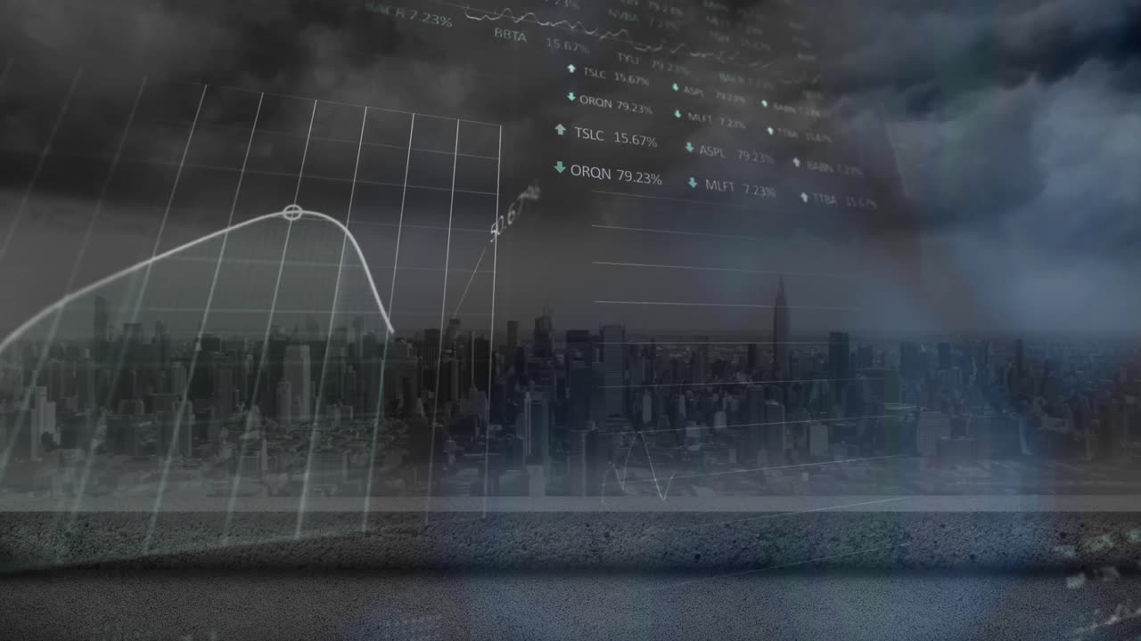 현대 도시 풍경과 구름이 가득한 하늘 배경에 대한 그래프 및 데이터 처리