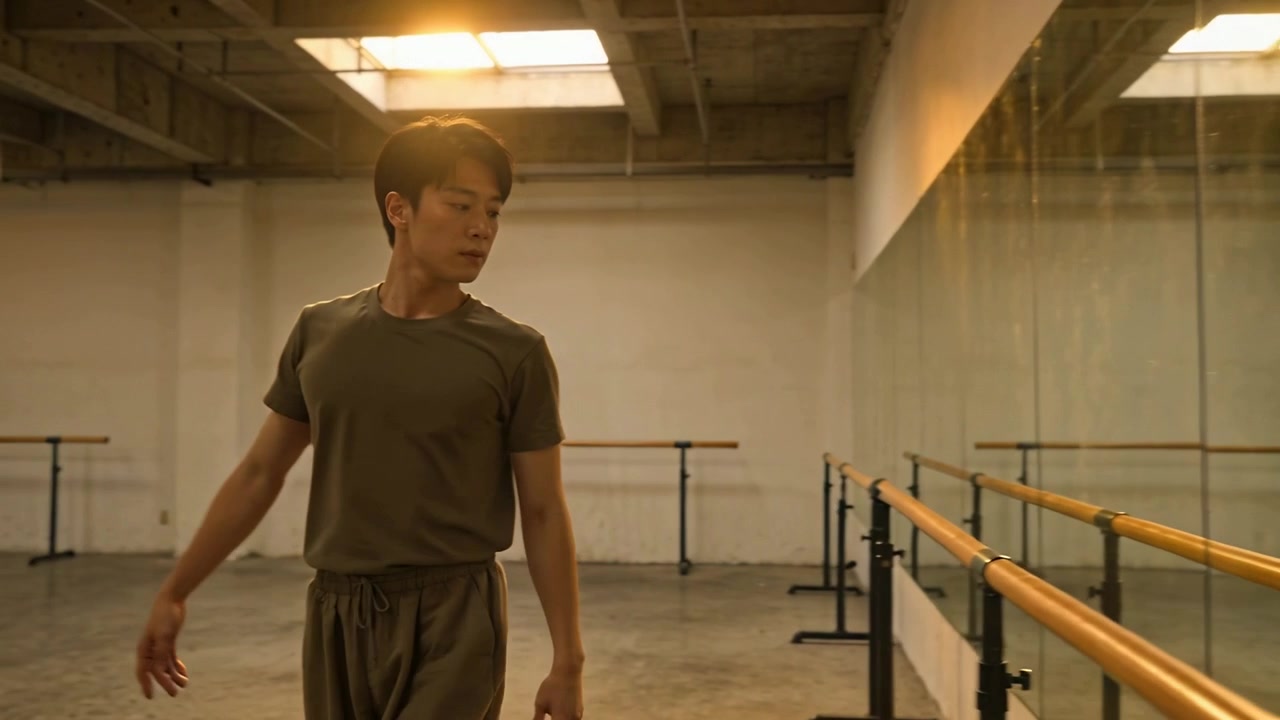 นักเต้นชาวเอเชียโน้มตัววอร์มอัพในสตูดิโอโดยสวมเสื้อยืด มองดูตัวเองในกระจกที่บาร์ก่อนจะเคลื่อนตัวไปที่กลางห้อง