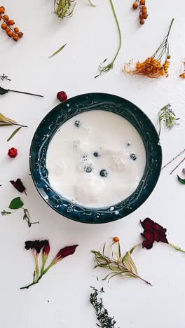 milk and blueberries in decorative bowl