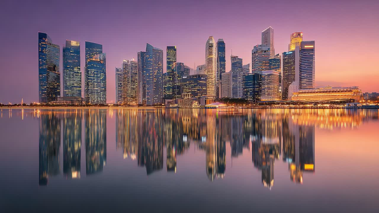A Stunning Contrast of Day and Night: Spectacular City Skyline Reflections in Water Showcasing Modern Architecture and Vibrant Lights from Sunset to Twilight