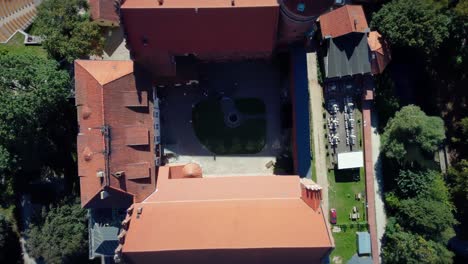 Top-down-rising-shot-of-a-Gothic-Castle-Courtyard-in-Eastern-Europe-Olsztyn-Poland