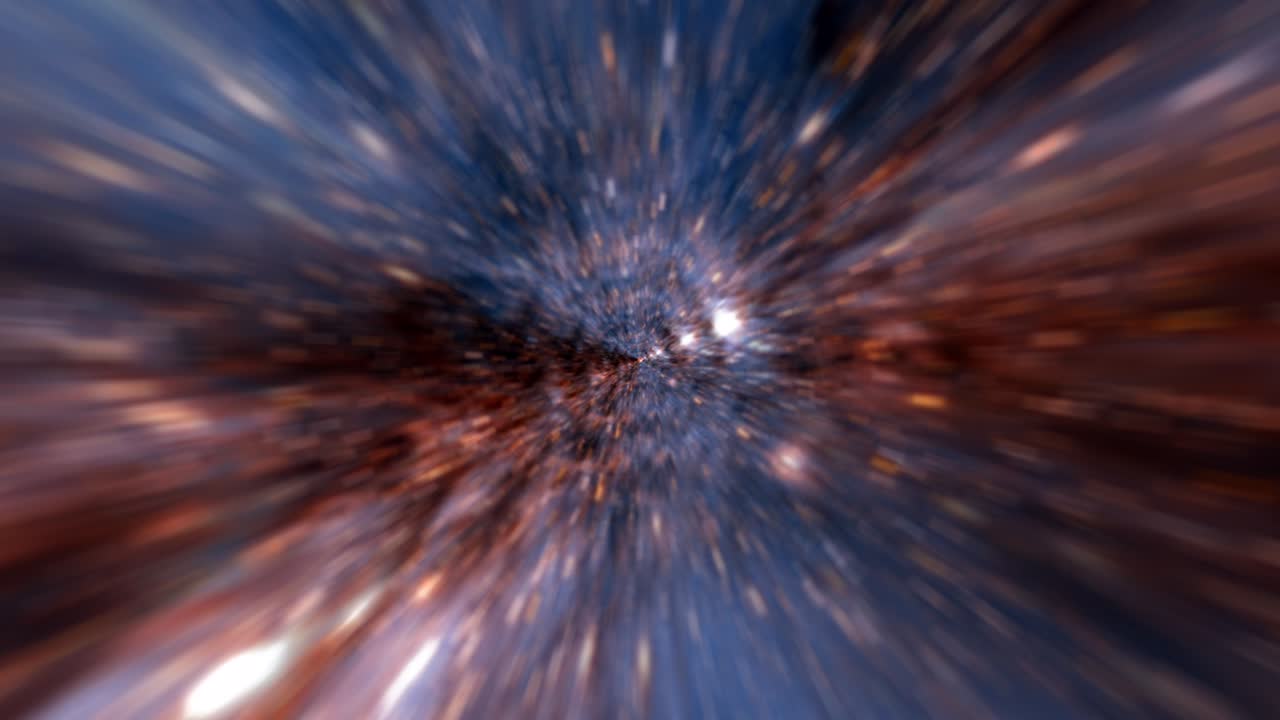 Abstract  dark glow blue with glow particles hyperspace tunnel through space time vortex loop background. 4K 3D render Sci-Fi interstellar travel through wormhole in hyperspace. Velocity jump in cyberspace.