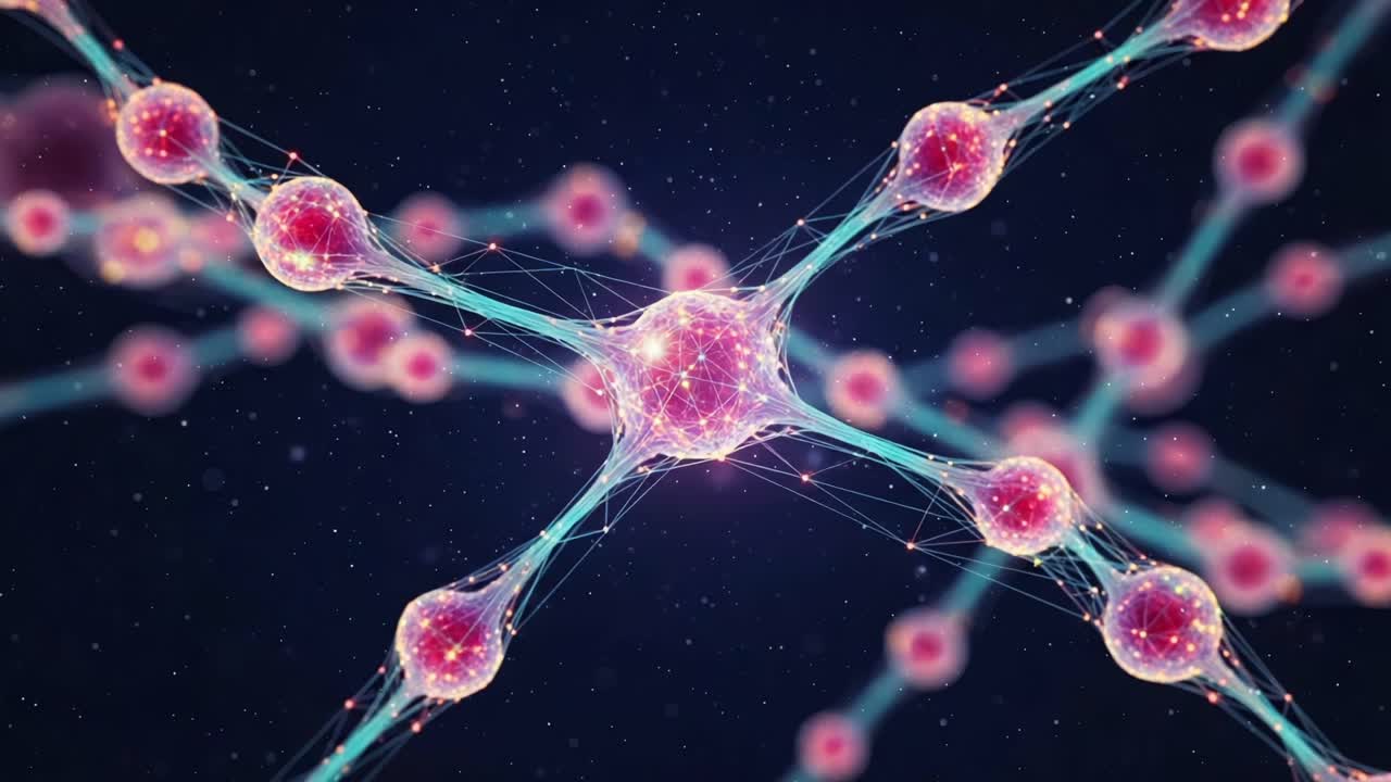 An intricate visualization of interconnected cells highlighting the complexity of cellular networks and the beauty of microscopic interactions in biological systems