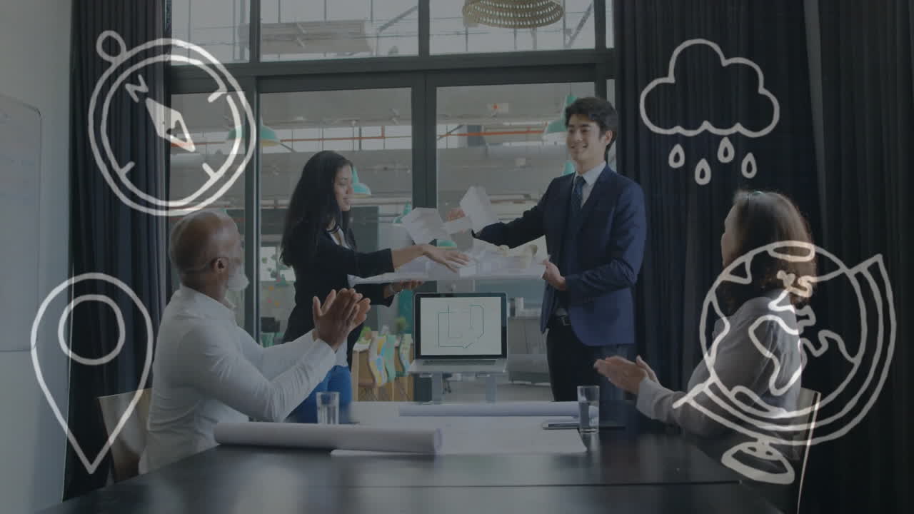 riunione d'affari con scambio di documenti, animazione di icone di navigazione sui partecipanti