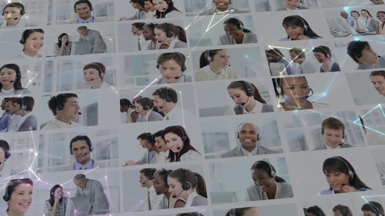 анимация сетей соединений через бизнесменов, носящих телефонные наушники