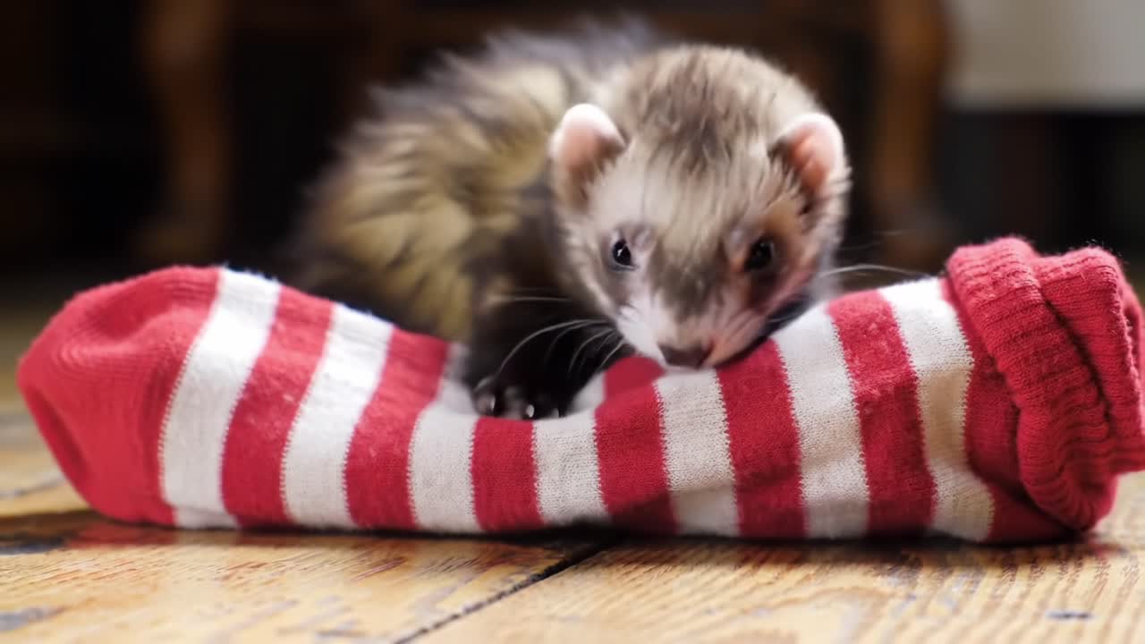 Curious Ferret Playfully Interacting with a Striped Sock on a Wooden Floor, Capturing Moments of Whimsy and Joy in a Cozy Indoor Environment
