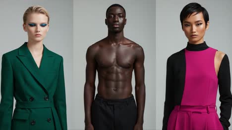 a stunning showcase of modern fashion featuring diverse models in elegant attire, highlighting unique styles and striking aesthetics in a classy studio setting