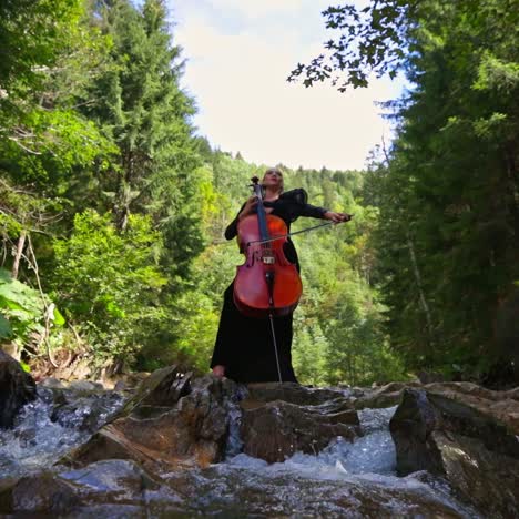 Luxury woman with musical instrument outdoors. Female musician performing music with a cello on amazing nature background with fresh mountain water