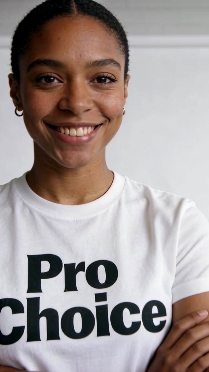 Vertical video: Woman posing arms crossed for ad camera zooming in smiling, showing Pro Choice tee