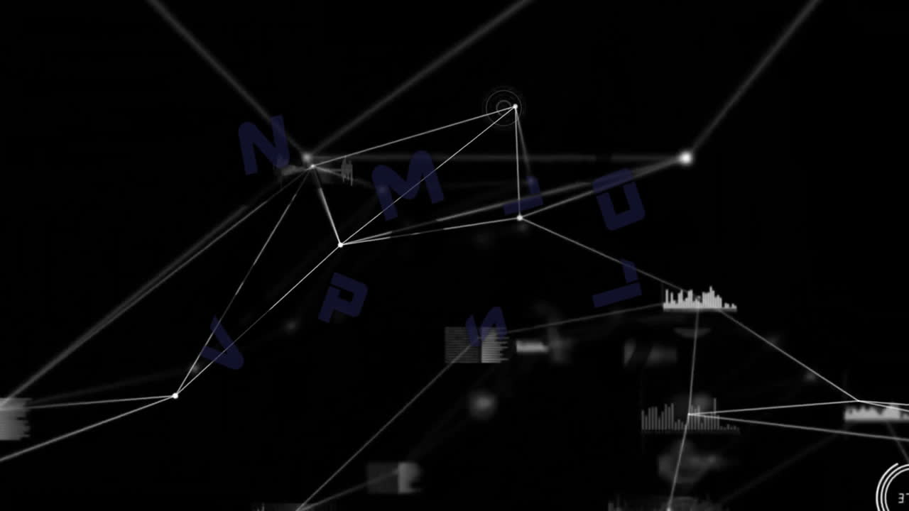Animation of network of connections with data processing on black background