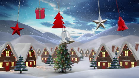 animación de decoraciones de bolas de navidad sobre el fondo del paisaje de invierno