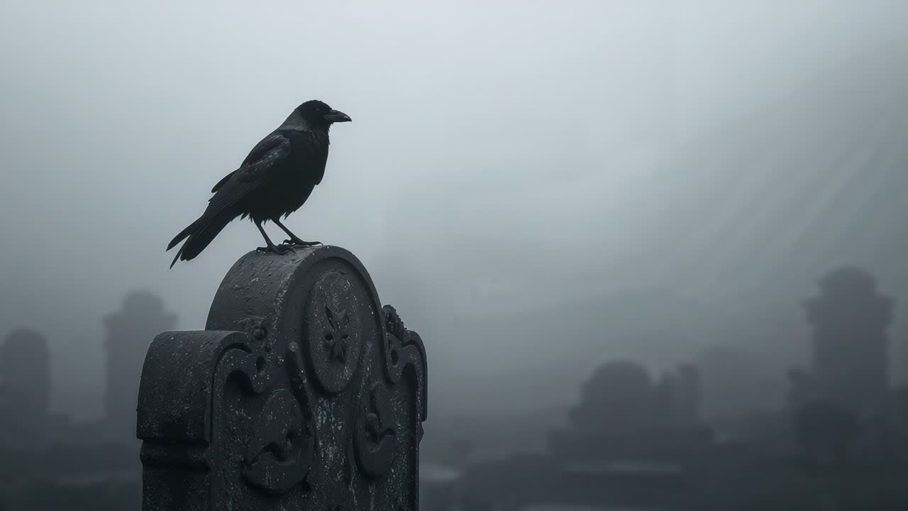 Drifting fog showing ornate curved-top headstone, crow shifting weight and surveying cemetery