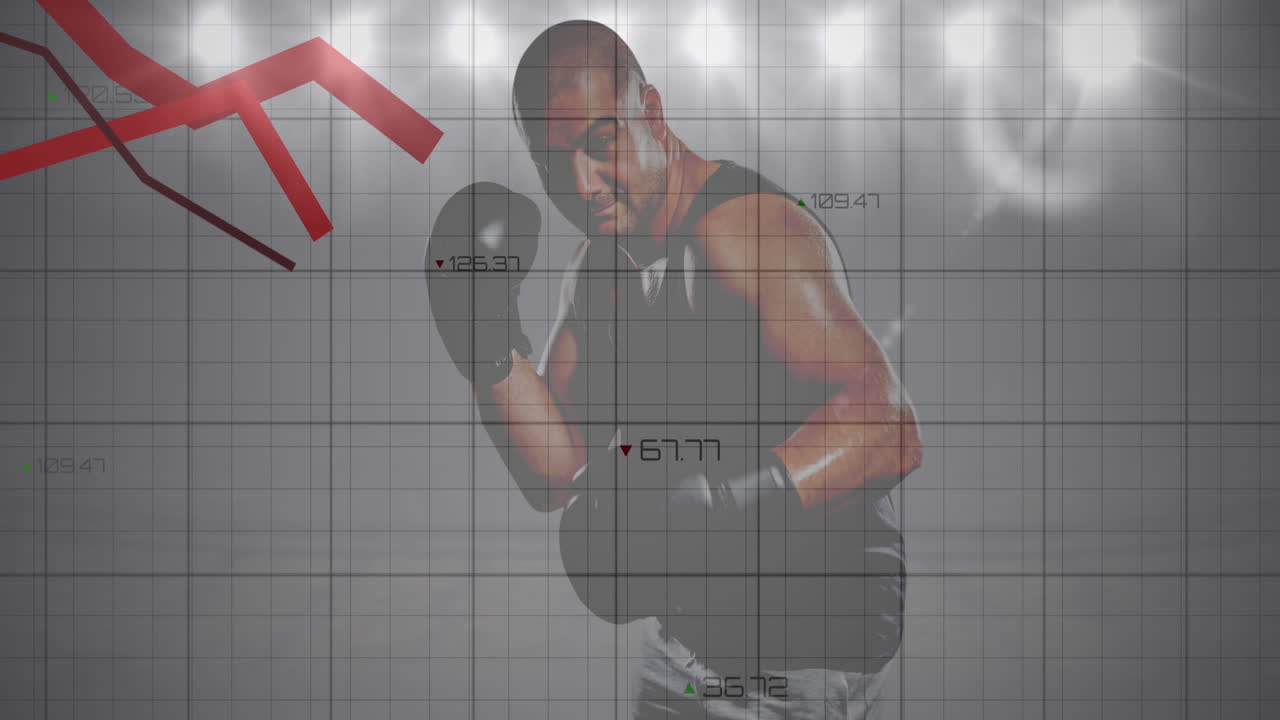 animación de gráficos y procesamiento de datos sobre boxeador masculino y reflectores