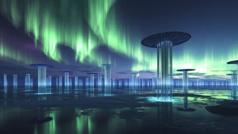 futuristic city under aurora borealis
