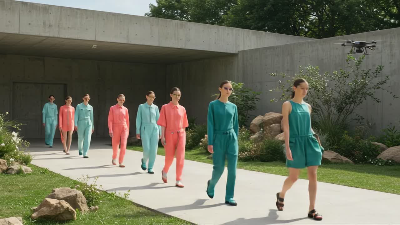 Models Showcase Vibrant Fashion Collection in Modern Outdoor Setting, Featuring a Unique Blend of Colors and Textures While Drones Capture the Moment