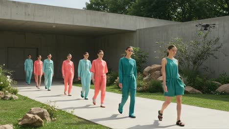 Models Showcase Vibrant Fashion Collection in Modern Outdoor Setting, Featuring a Unique Blend of Colors and Textures While Drones Capture the Moment