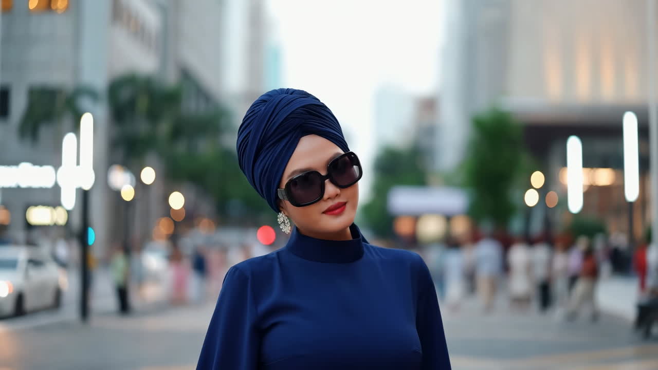 Donna elegante con turbante blu e occhiali da sole in posa in una strada della città