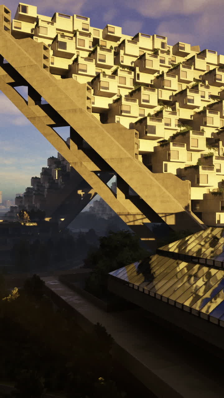 Unique architectural structure showcases modern design against city backdrop