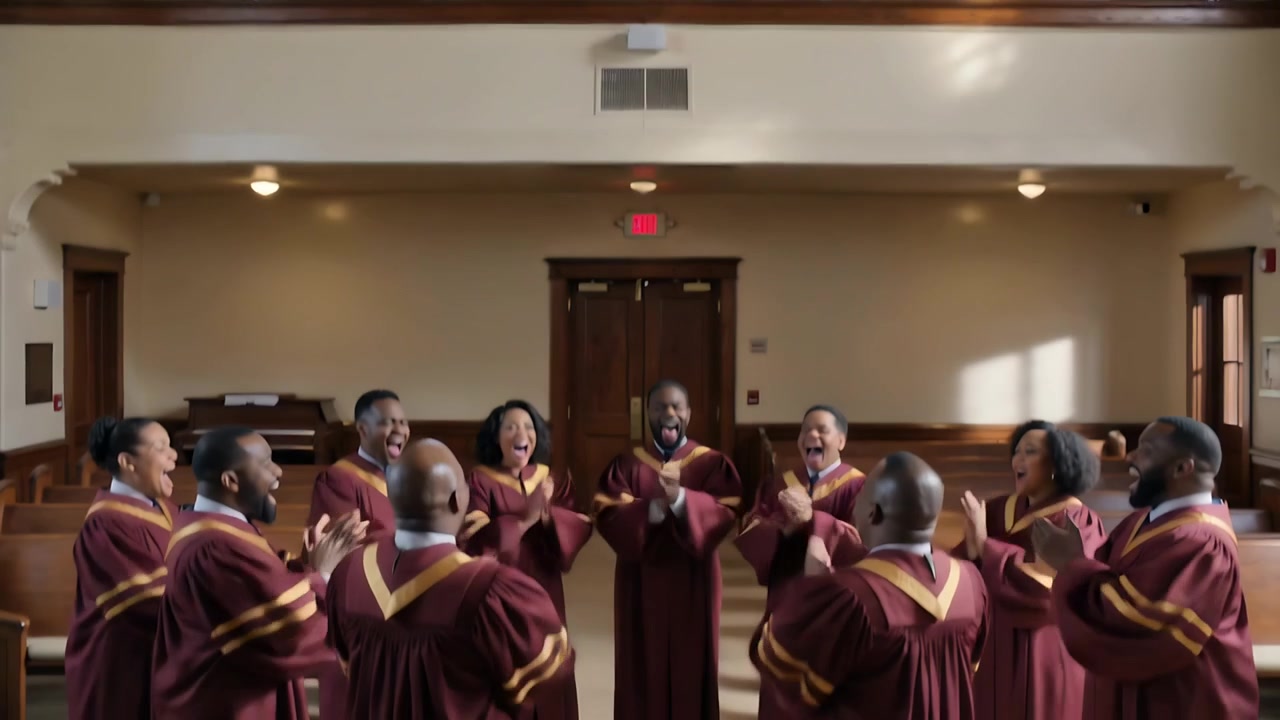 Singing church choir following leader's raised hands cue in sanctuary, maroon robes, stained glass