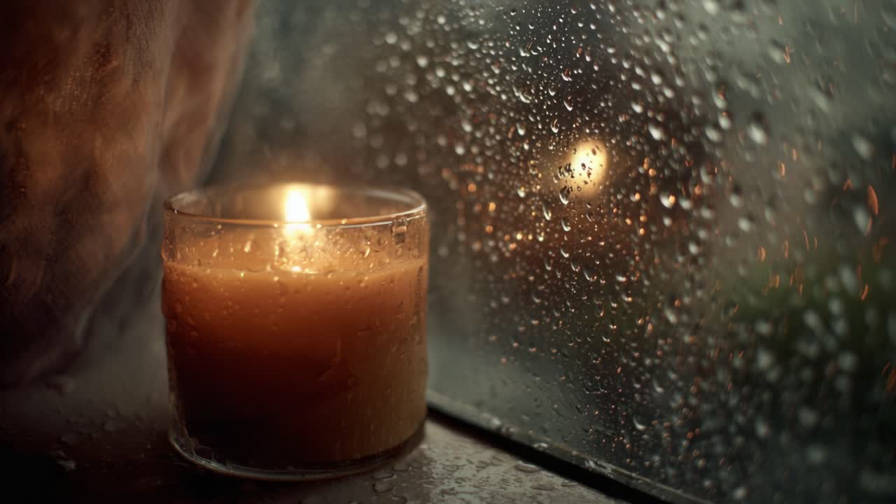 A cozy candle illuminated against a backdrop of rain-soaked glass, creating a warm atmosphere as water droplets reflect soft light and enhance the serene mood
