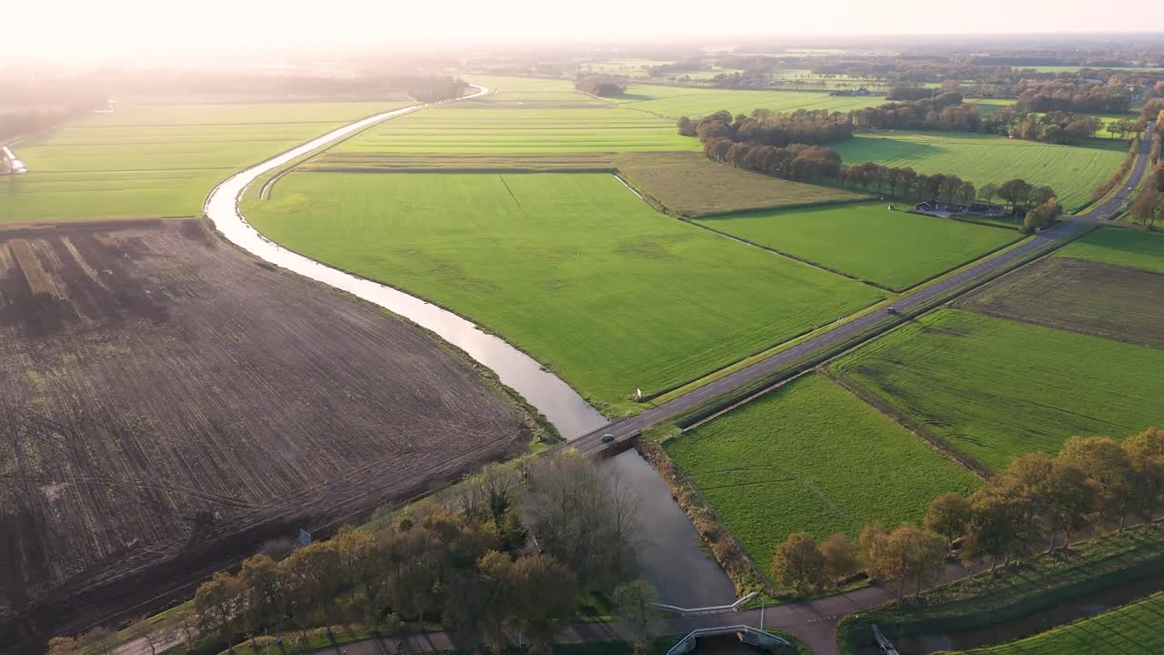Aerial View of Dutch Farmland and Canal