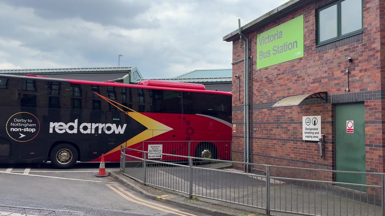 View of Victoria Bus Station on York Street, Nottingham, beside the Victoria Centre. A busy urban transport hub in Nottinghamshire, East Midlands, England.