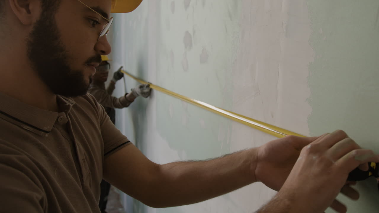 Construction workers measuring a wall
