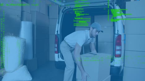 procesamiento de datos contra el repartidor caucásico apilando cajas de entrega en su furgoneta
