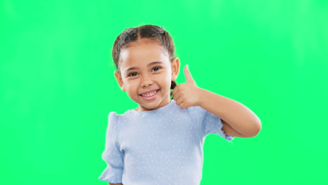 Thumbs-up,-green-screen-and-portrait-of-child