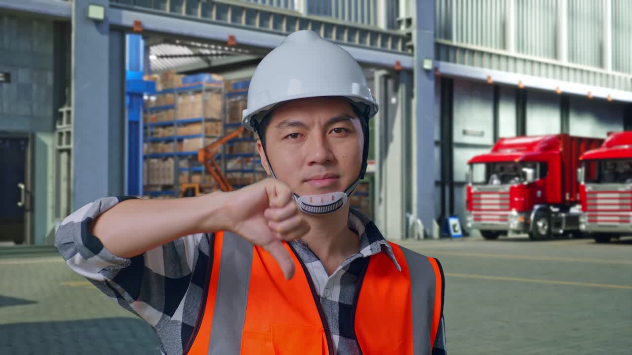 Close Up Of Asian Male Engineer With Safety Helmet Showing Thumbs Down Gesture And Shaking His Head While Standing , Outside of Logistics Distributions Warehouse