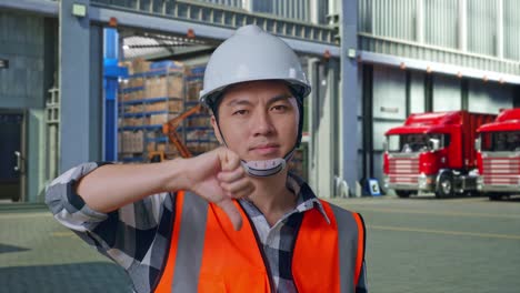 close up of asian male engineer with safety helmet showing thumbs down gesture and shaking his head while standing , outside of logistics distributions warehouse