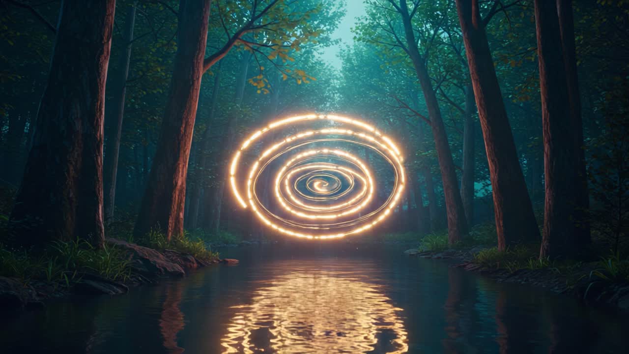 A Mesmerizing Swirling Light Phenomenon Illuminates a Calm Forest Stream Surrounded by Lush Greenery, Creating a Magical Atmosphere in Nature's Embrace
