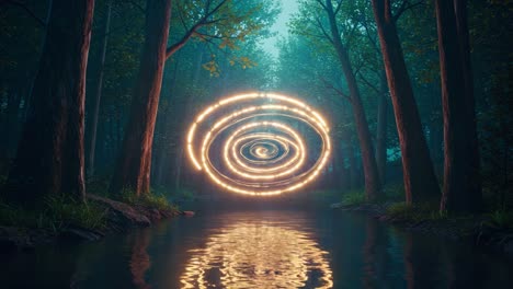 A Mesmerizing Swirling Light Phenomenon Illuminates a Calm Forest Stream Surrounded by Lush Greenery, Creating a Magical Atmosphere in Nature&#039;s Embrace